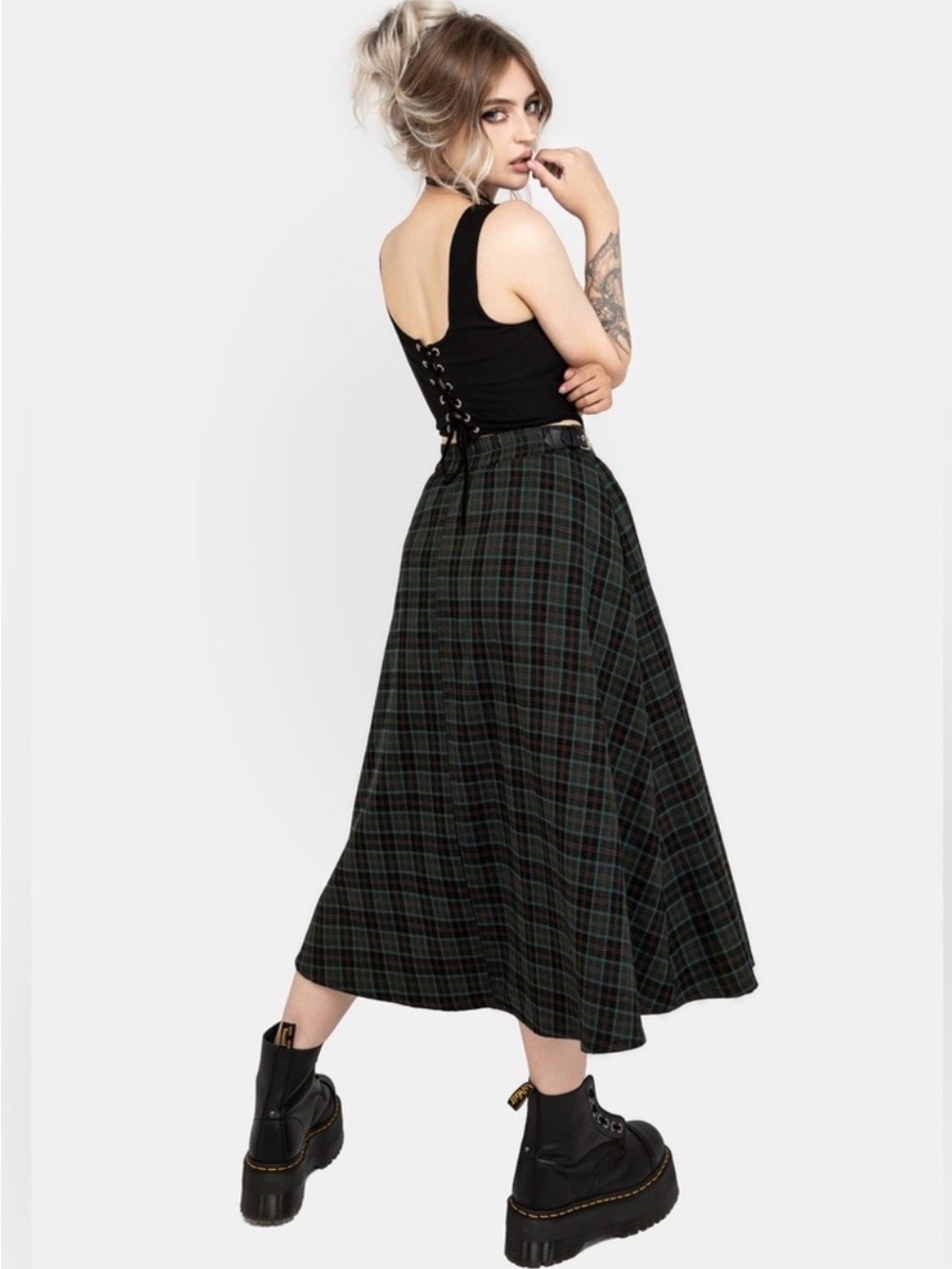 NWT Nightingale Buckled Check Midi Skirt green black size US 10 - Picture 4 of 8